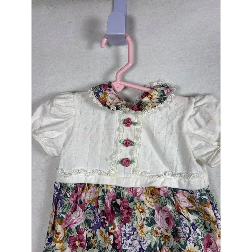 Infant‎ Floral Romper With Lace Collar & Rose Button Details